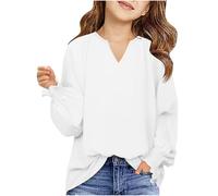Ybing Blusa para niña, elegante, manga larga, monocolor, cuello en V, túnica, túnica, ligera, cómoda, blusa de manga larga, top para fiestas, Blanco, 150