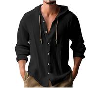 Ybing Camisa de lino para hombre de algodón y lino, con capucha, monocolor, con botones, manga larga, con capucha, camiseta de manga larga, delgada, camiseta de verano ligera, cómoda para el tiempo