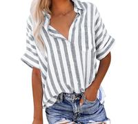 Ybing Camisa de lino para mujer, manga corta, a rayas, muselina, camisa con bolsillo, informal, algodón y lino, botones con solapa, camiseta de verano, de secado rápido, camisa de verano ligera, gris,
