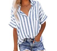Ybing Camisa de lino para mujer, manga corta, a rayas, muselina, camisa con bolsillo, informal, algodón y lino, botones con solapa, camiseta de verano, de secado rápido, camisa de verano ligera, azul