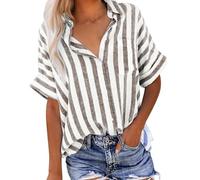 Ybing Camisa de lino para mujer, manga corta, a rayas, muselina, camisa con bolsillo, informal, algodón y lino, botones con solapa, camiseta de verano, de secado rápido, camisa de verano ligera,