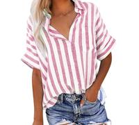 Ybing Camisa de lino para mujer, manga corta, a rayas, muselina, camisa con bolsillo, informal, algodón y lino, botones con solapa, camiseta de verano, de secado rápido, camisa de verano ligera,