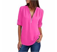 Ybing Camisa de manga larga de gasa para mujer, con cremallera, cuello en V, blusa con gemelos, informal, monocolor, camiseta larga, ligera, túnica fina, suelta, camiseta de manga larga, tallas