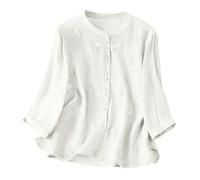Ybing Camisa de muselina de manga 3/4 para mujer, elegante, con ojal, bordado, camisa de lino, con botones, cuello redondo, camiseta de manga larga, monocolor, algodón y lino, blusa de verano, holgada