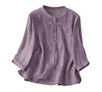 Ybing Camisa de muselina de manga 3/4 para mujer, elegante, con ojal, bordado, camisa de lino, con botones, cuello redondo, camiseta de manga larga, monocolor, algodón y lino, blusa de verano, holgada