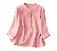 Ybing Camisa de muselina de manga 3/4 para mujer, elegante, con ojal, bordado, camisa de lino, con botones, cuello redondo, camiseta de manga larga, monocolor, algodón y lino, blusa de verano, holgada
