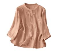 Ybing Camisa de muselina de manga 3/4 para mujer, elegante, con ojal, bordado, camisa de lino, con botones, cuello redondo, camiseta de manga larga, monocolor, algodón y lino, blusa de verano, holgada
