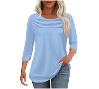 Ybing Camiseta de manga 3/4 para mujer, elegante, plisada, cuello redondo, blusa informal, túnica ligera, camiseta de manga larga, suave, básica, fina, camiseta de manga larga, cómoda camiseta