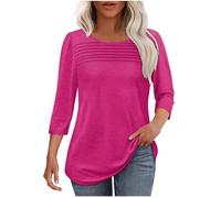 Ybing Camiseta de manga 3/4 para mujer, elegante, plisada, cuello redondo, blusa informal, túnica ligera, camiseta de manga larga, suave, básica, fina, camiseta de manga larga, cómoda camiseta