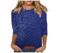 Ybing - Camiseta de manga 3/4 para mujer, monocolor, con lentejuelas, elegante, con brillo, suéter, holgada, cuello redondo, blusa, manga larga, con brillo, camiseta fina, top ligero, manga larga