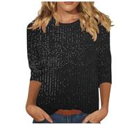 Ybing - Camiseta de manga 3/4 para mujer, monocolor, con lentejuelas, elegante, con brillo, suéter, holgada, cuello redondo, blusa, manga larga, con brillo, camiseta fina, top ligero, manga larga