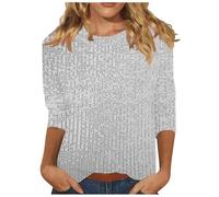 Ybing Camiseta de manga 3/4 para mujer, monocolor, lentejuelas, manga larga, elegante, brillante, cuello redondo, blusa de manga larga, camiseta fina, ligera, brillante, camiseta de manga larga, ropa