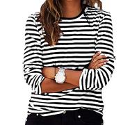 Ybing - Camiseta de manga larga a rayas para mujer Y2K, blusa casual de cuello redondo, manga larga suelta, camiseta ligera, sudadera cómoda, camiseta deportiva, de algodón, de manga larga, tops