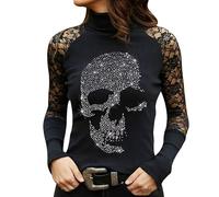 Ybing Camiseta de manga larga de encaje para mujer, estampado de calavera con estampado de calavera, cuello alto, costuras de encaje de moda, blusa de manga larga, blusa delgada, parte superior