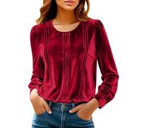 Ybing Camiseta de manga larga de terciopelo dorado para mujer, elegante, plisada, cuello redondo, blusa monocolor, suave, manga larga, cómoda, top básico, rojo, XXL