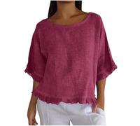 Ybing Camiseta de muselina para mujer, monocolor, manga media, blusa de lino, holgada, de algodón, blusa de lino, informal, vintage, camiseta de verano, camiseta fina, cuello redondo, parte superior