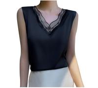Ybing Camiseta de seda de hielo para mujer, blusa ligera y aireada, elegante, de malla, sin mangas, con cuello en V, suave, sin mangas, informal, monocolor, cómoda blusa, Negro , M