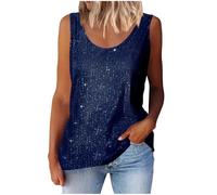 Ybing Camiseta de tirantes de lentejuelas para mujer, monocolor, brillante, elegante, con cuello redondo, blusa fina, brillante, sin mangas, camiseta de verano, ropa de fiesta, marine, L