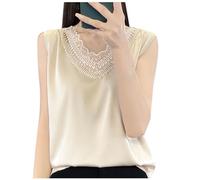 Ybing Camiseta de tirantes de seda de hielo para mujer, elegante, encaje, cuello en V, sin mangas, monocolor, costuras de encaje, parte superior, suelta, sin mangas, cómodo chaleco de verano, beige