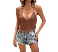 Ybing Camiseta de tirantes para mujer con borlas, elegante, monocolor, con flecos, camiseta de tirantes ligera, sin mangas, cómoda, camiseta deportiva, chaleco de verano, café, XXL