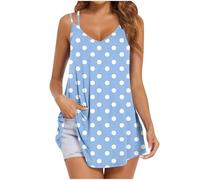 Ybing Camiseta de tirantes para mujer, con estampado de lunares, informal, cuello en V, sin mangas, túnica, de verano, con tirantes finos, blusa ligera, suave, blusa de verano, azul claro, L