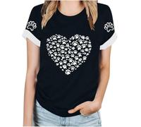 Ybing Camiseta para mujer con estampado de huellas de perro, camiseta con personalidad, camiseta holgada, cuello redondo, blusa ligera de manga corta, camiseta de verano, camiseta fina de algodón,