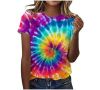 Ybing Camiseta para mujer multicolor batik camiseta casual cuello redondo blusa delgada camiseta ligera manga corta tops verano camiseta deportiva fina camiseta de algodón top básico camisetas para