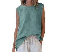 Ybing Camiseta sin mangas para mujer, con dobladillo ranurado, informal, monocolor, suelta, cuello redondo, camiseta deportiva, blusa fina, ligera, sin mangas, camiseta de verano, verde, S