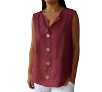 Ybing Camiseta sin mangas para mujer, informal, cuello de pico, con botones, holgada, ligera, monocolor, sin mangas, blusa fina, tops de verano, camiseta deportiva, #01 Vino., XL