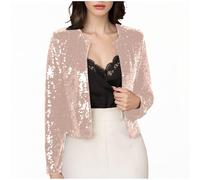 Ybing Chaqueta corta de lentejuelas para mujer, elegante, brillante, con parte delantera abierta, cuello redondo, abrigo de traje, abrigo único con purpurina, corte ajustado, chaqueta corta, chaqueta