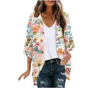 Ybing Chaqueta de punto de muselina para mujer, manga 3/4, de gasa, 3D, estampado de flores, abrigo de punto hawaiano, informal, de tul, chaqueta deportiva, holgada, chaqueta de verano, manga larga