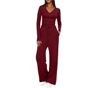 Ybing Gym Outfit Damen Einfarbig Loungewear 2 Teiler Jogginganzug Schlafanzüge Zweiteiler V-Ausschnitt Langarmshirt + Weites Bein Hose Elegant Hausanzug Freizeitanzug Stockholm Style Homewear Set
