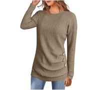Ybing Jersey acanalado para mujer, informal, monocolor, camiseta de manga larga, corte ajustado, jersey de punto, cuello redondo, blusa de manga larga, suéter de otoño, invierno, camiseta larga