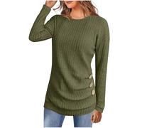 Ybing Jersey acanalado para mujer, informal, monocolor, camiseta de manga larga, corte ajustado, jersey de punto, cuello redondo, blusa de manga larga, suéter de otoño, invierno, camiseta larga