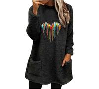 Ybing Jersey de forro polar para mujer, multicolor, estampado de corazón, jersey de terciopelo de doble cara, informal, cuello redondo, suéter de felpa con bolsillo, suéter grueso y cálido, Negro , L