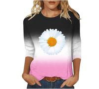 Ybing Jersey de manga 3/4 para mujer, informal, cuello redondo, blusa degradado con estampado de margaritas, camiseta de manga larga, camiseta de manga larga, camiseta ligera de manga larga, camiseta