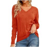 Ybing Jersey de punto para mujer, monocolor, cálido, informal, cuello de pico, jersey de punto ajustado, jersey de manga larga, algodón, corte regular, cómodo, blusa básica, parte superior, naranja, M