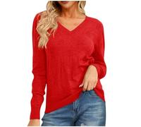 Ybing Jersey de punto para mujer, monocolor, cálido, informal, cuello de pico, jersey de punto ajustado, jersey de manga larga, algodón, corte regular, cómodo, blusa básica, parte superior, rojo, L
