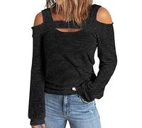 Ybing Jersey de punto sin hombros para mujer, elegante, monocolor, corte ajustado, camiseta de manga larga, cuello redondo, blusa de manga larga, suéter de punto cómodo, jersey para adolescentes
