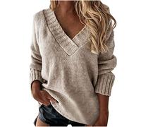 Ybing Jersey para mujer, monocolor, manga larga, informal, cuello de pico, sudadera delgada, corte regular, cómodo, camiseta larga, otoño, invierno, cálido, manga larga, top básico, caqui, L