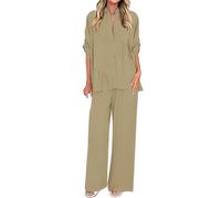 Ybing Loungewear - Conjunto de manga 3/4 para mujer, camisa plisada + pantalones de pierna ancha, dos piezas, 2 piezas, informal, monocolor, traje de ocio, traje de jogging suelto, ropa para el hogar