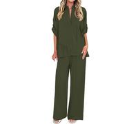 Ybing Loungewear - Conjunto de manga 3/4 para mujer, camisa plisada + pantalones de pierna ancha, dos piezas, 2 piezas, informal, monocolor, traje de ocio, traje de jogging suelto, ropa para el hogar