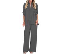Ybing Loungewear - Conjunto de manga 3/4 para mujer, camisa plisada + pantalones de pierna ancha, dos piezas, 2 piezas, informal, monocolor, traje de ocio, traje de jogging suelto, ropa para el hogar