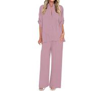 Ybing Loungewear - Conjunto de manga 3/4 para mujer, camisa plisada + pantalones de pierna ancha, dos piezas, 2 piezas, informal, monocolor, traje de ocio, traje de jogging suelto, ropa para el hogar