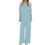 Ybing Loungewear - Conjunto de manga 3/4 para mujer, camisa plisada + pantalones de pierna ancha, dos piezas, 2 piezas, informal, monocolor, traje de ocio, traje de jogging suelto, ropa para el hogar