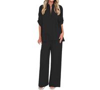 Ybing Loungewear - Conjunto de manga 3/4 para mujer, camisa plisada + pantalones de pierna ancha, dos piezas, 2 piezas, informal, monocolor, traje de ocio, traje de jogging suelto, ropa para el hogar