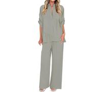 Ybing Loungewear - Conjunto de manga 3/4 para mujer, camisa plisada + pantalones de pierna ancha, dos piezas, 2 piezas, informal, monocolor, traje de ocio, traje de jogging suelto, ropa para el hogar