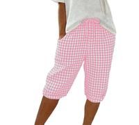 Ybing Pantalones cortos a cuadros para mujer, de verano, hasta la rodilla, muselina, pantalones holgados, pantalones de verano, ligeros, pantalones de playa con cordón, cintura elástica, pantalones