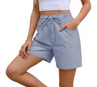 Ybing Pantalones cortos a rayas para mujer, ligeros, muselina, elegantes, monocolor, cintura elástica, pantalones de playa con cordón, algodón y lino, pantalones cortos de pierna ancha, pantalones de