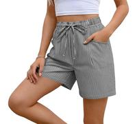 Ybing Pantalones cortos a rayas para mujer, ligeros, muselina, elegantes, monocolor, cintura elástica, pantalones de playa con cordón, algodón y lino, pantalones cortos de pierna ancha, pantalones de